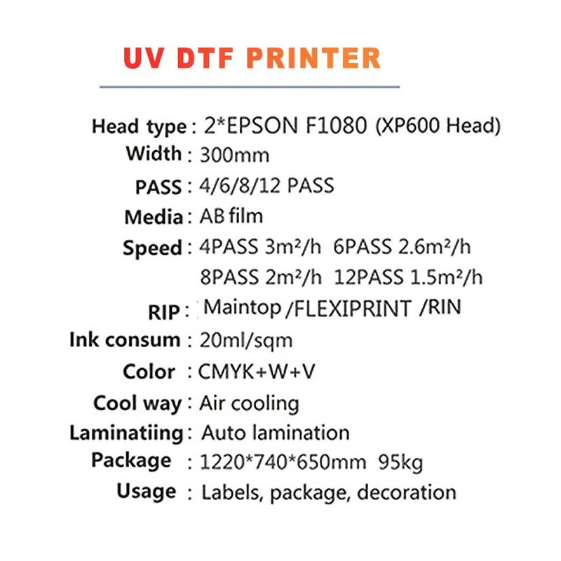 Imprimante UV DTF de 300 mm de largeur avec consommation d'encre de 20 ml/m2 pour l'impression en grand volume